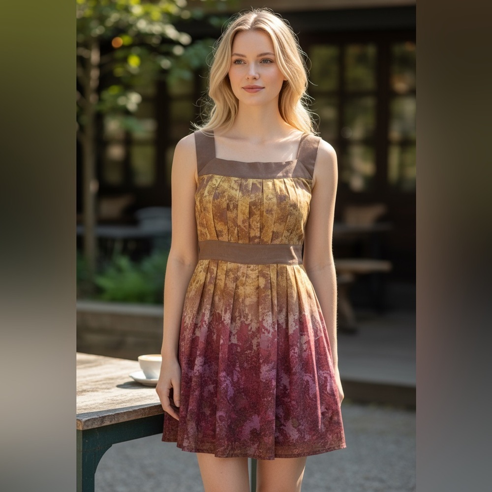 Anna Sui 100% Silk Pleated Ombre Cocktail Dress Size 0 – Yellow/Brown/Pink